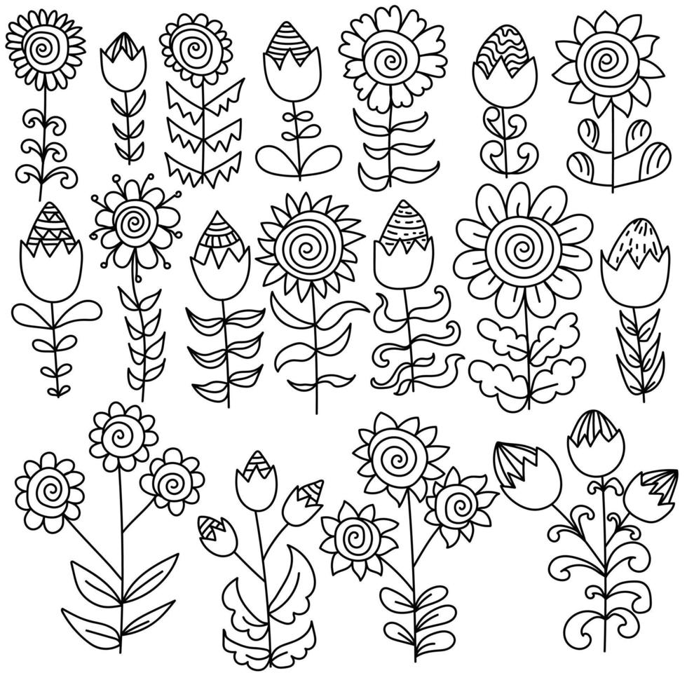 gekritzelblumenset mit knospen und offenen blütenblättern, einzelnen pflanzen und dekorativen blumenzweigen vektor