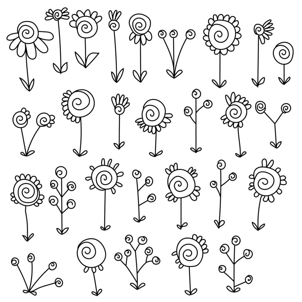 uppsättning klotterblommor med spiralhjärtan, enkla klotterväxter med löv och kronblad för dekoration och kreativitet vektor