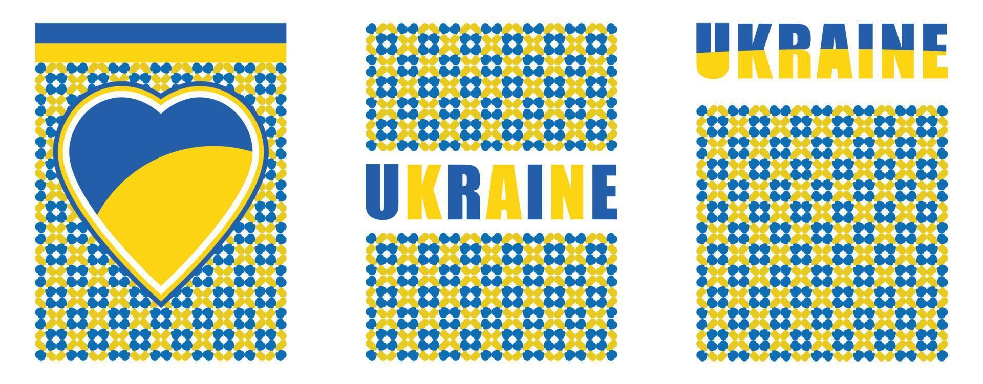 ukrainska mönster för nationaldagen med modern design. ukrainska flaggan och karta med typografi och blågul färgtema. konflikt med Ryssland, höjda nävar för solidaritet och broderibakgrund vektor