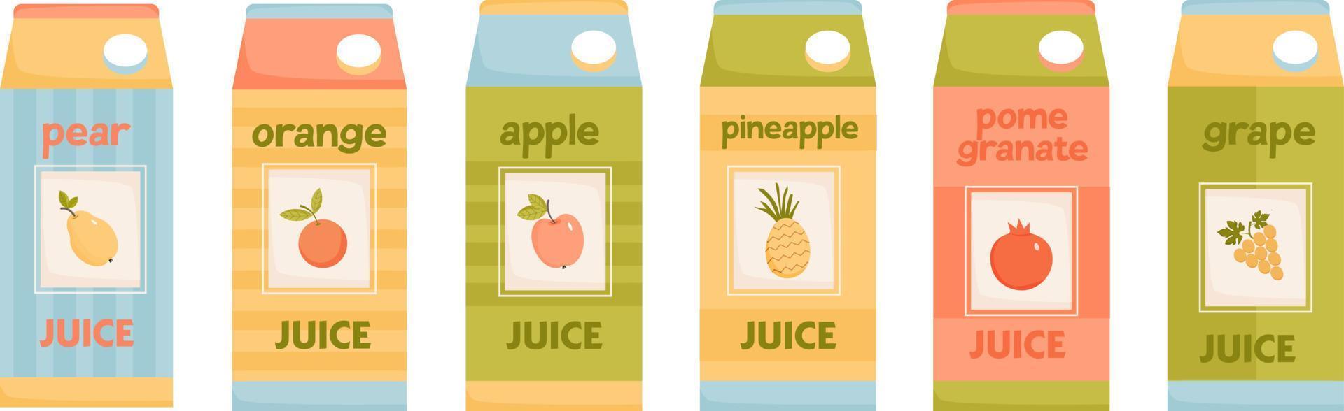 äpple, päron, apelsin, ananas, granatäpple, druvjuice i förpackning. set med sex förpackningar fruktjuicer. vektor illustration i platt stil.