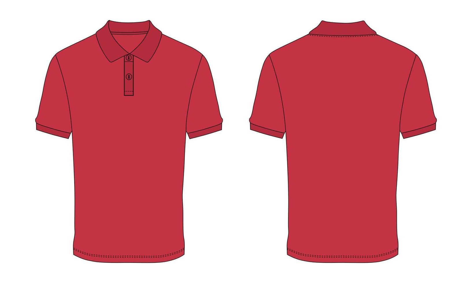 Kurzarm-Poloshirt Mode flache Skizze Vektor-Illustration rote Farbvorlage Vorder- und Rückansichten isoliert auf weißem Hintergrund. vektor