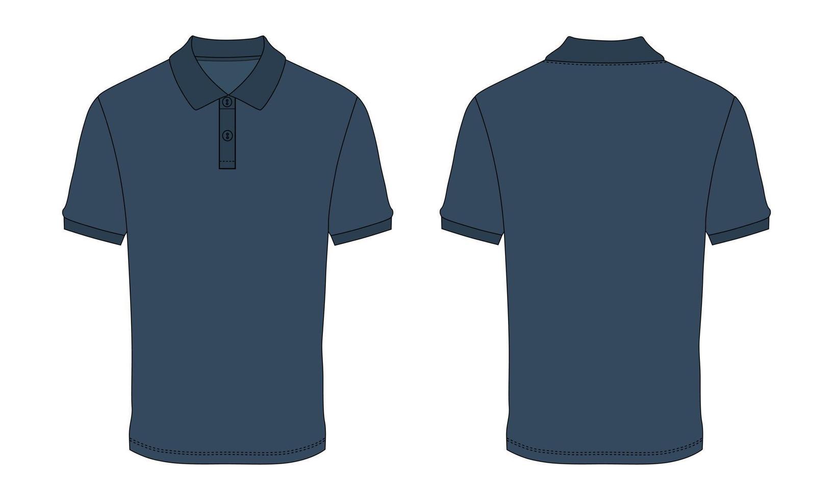Kurzarm Poloshirt Mode flache Skizze Vektor Illustration marineblaue Farbvorlage Vorder- und Rückansichten isoliert auf weißem Hintergrund.