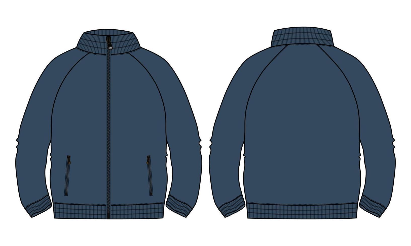 långärmad jacka med ficka och dragkedja teknisk mode platt skiss vektor illustration marinblå färg mall. sweatshirtjacka i fleecejersey för män och pojkar