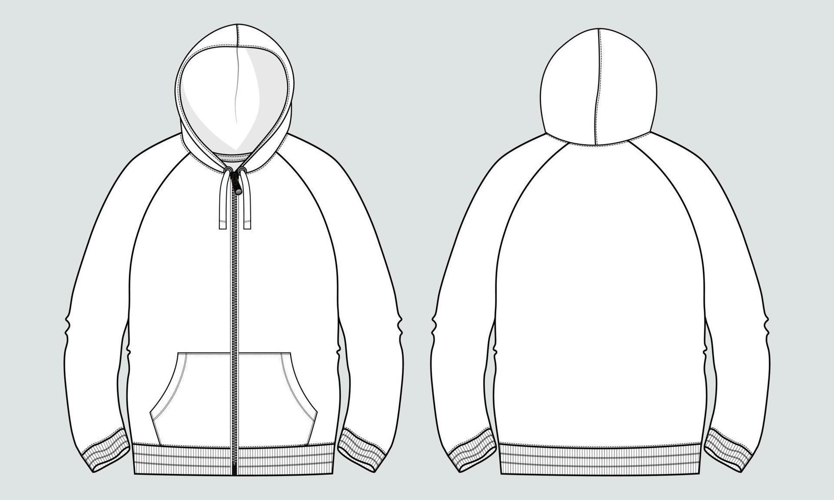långärmad hoodie tekniskt mode platt skiss vektor illustration mall fram- och baksidan.