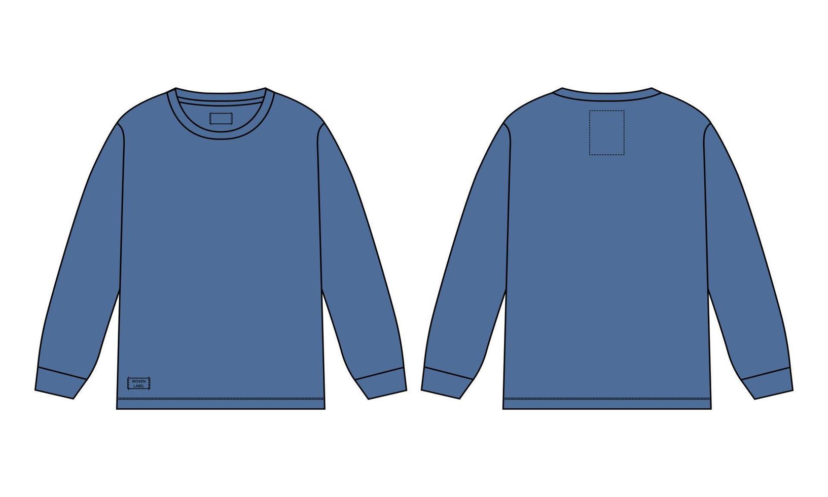 långärmad t-shirt tekniskt mode platt skiss vektorillustration marinblå färg mall fram- och baksidan vyer isolerad på vit bakgrund. vektor