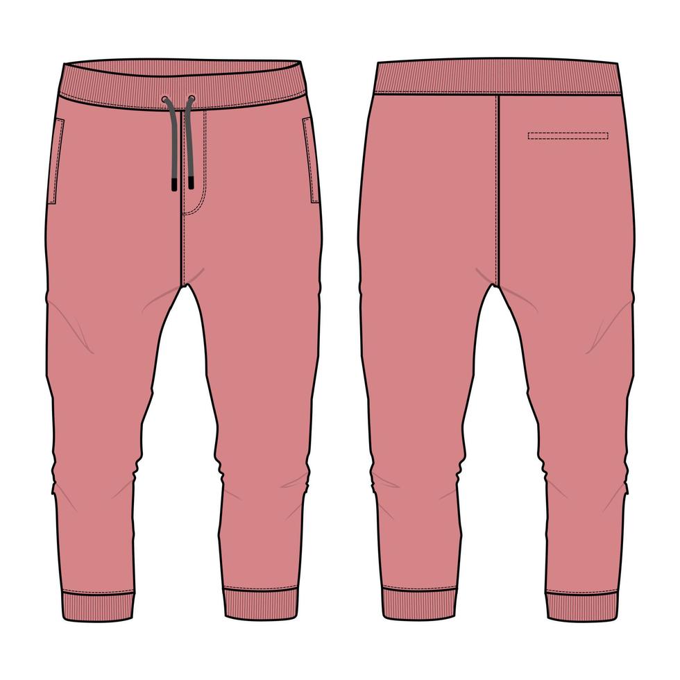 Fleece-Baumwoll-Jersey grundlegende Jogger Jogginghose technische Mode flache Skizze Vektor-Illustration lila Farbvorlage Vorder- und Rückansichten isoliert auf weißem Hintergrund. vektor