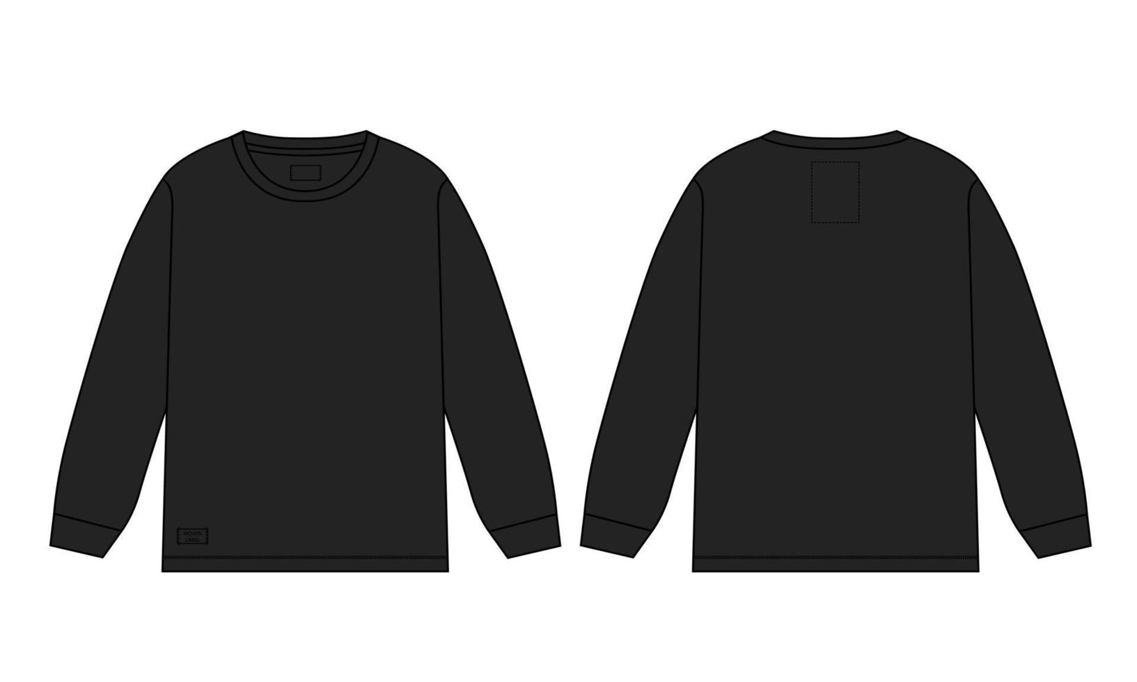 långärmad t-shirt tekniskt mode platt skiss vektorillustration svart mall mall fram- och bakvyer vektor