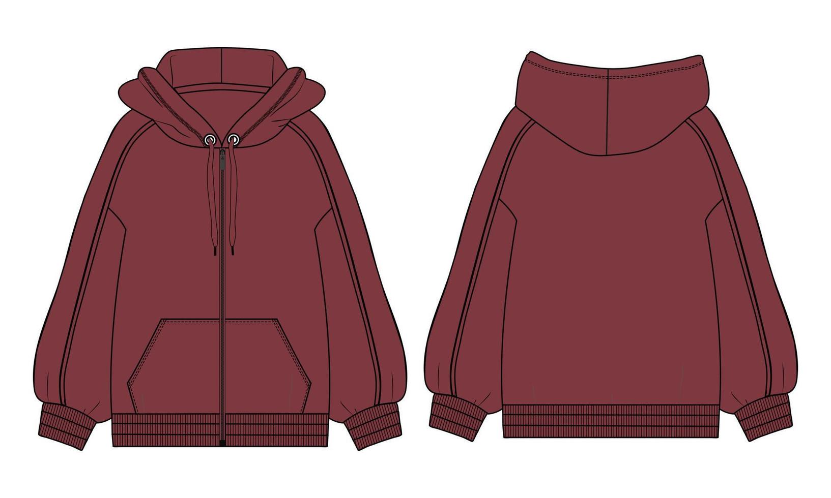 Langarm-Hoodie technische Mode flache Skizze Vektor-Illustration rote Farbvorlage Vorder- und Rückansichten. vektor