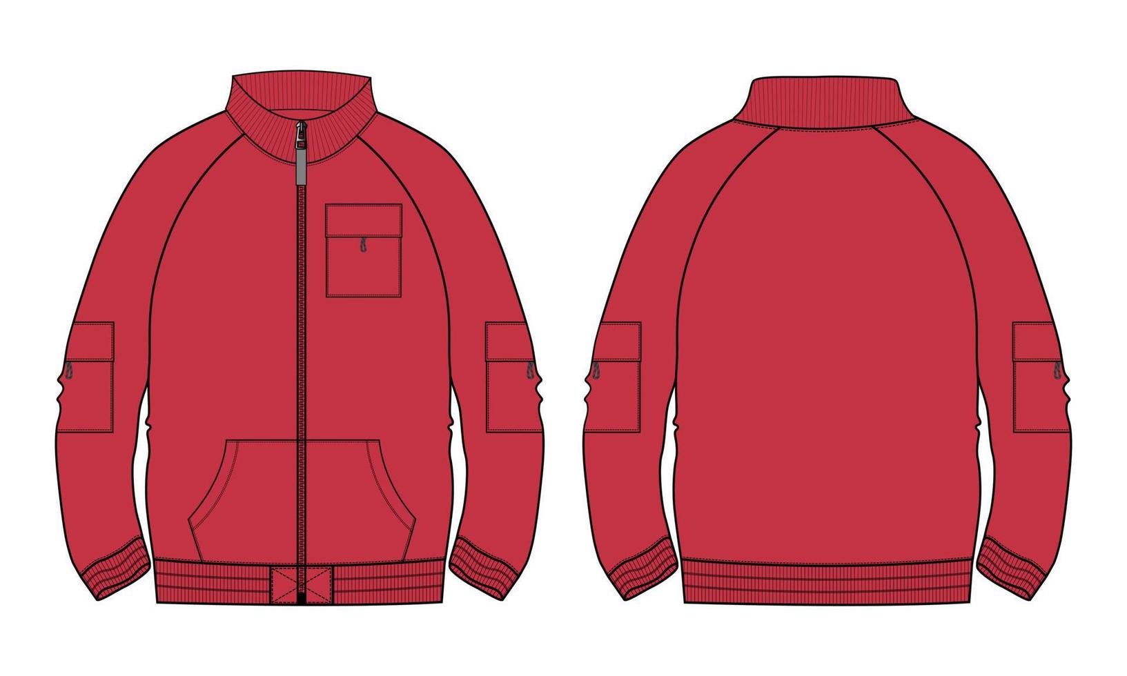 Langarm-Jacke technische Mode flache Skizze Vektor-Illustration rote Farbvorlage Vorder- und Rückansichten. vektor