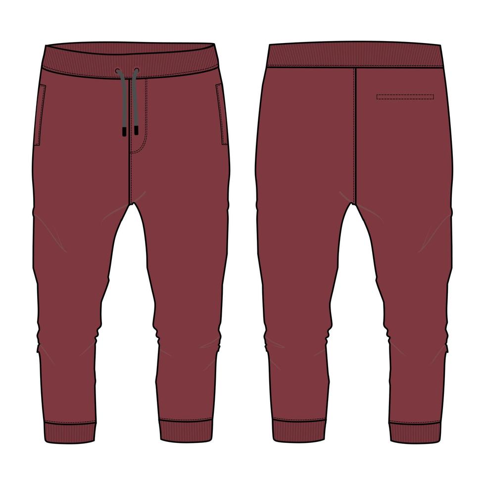 Fleece-Baumwoll-Jersey grundlegende Jogger Jogginghose technische Mode flache Skizze Vektor-Illustration tiefrote Farbvorlage Vorder- und Rückansichten isoliert auf weißem Hintergrund. vektor