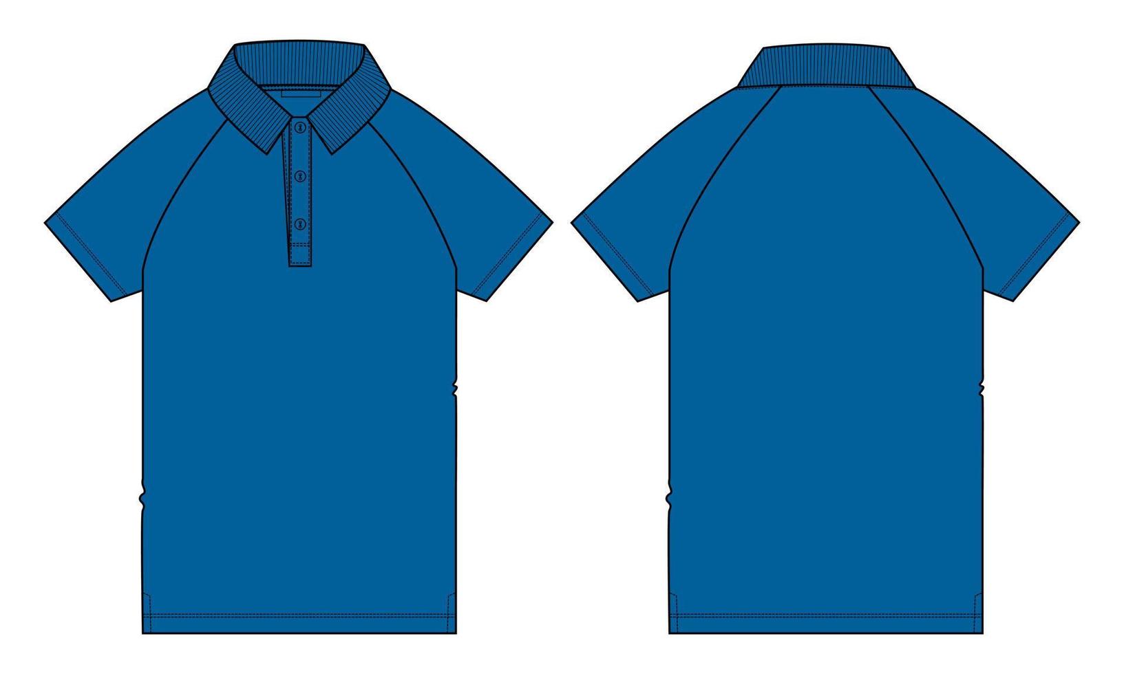 kurzärmliges Raglan-Poloshirt technische Mode flache Skizze Vektorillustration blaue Farbvorlage Vorder- und Rückansicht. vektor