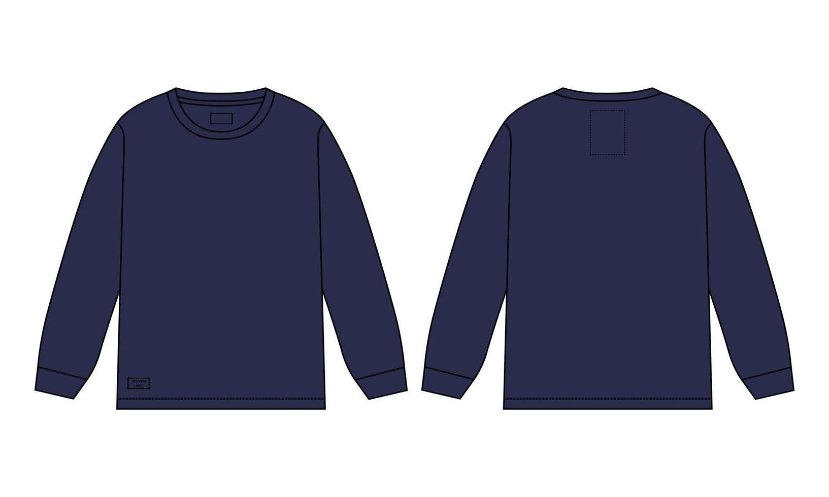 långärmad t-shirt tekniskt mode platt skiss vektor illustration marin färg mall mall fram- och baksidan vyer isolerad på vit bakgrund.