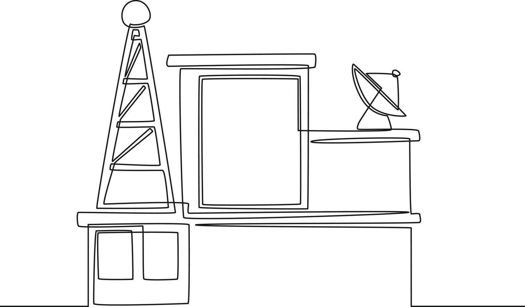 einzelne durchgehende Linie, die Telekommunikationsturm und Satellitenschüssel auf dem Gebäude zeichnet. eine linie zeichnen grafikdesign-vektorillustration. vektor