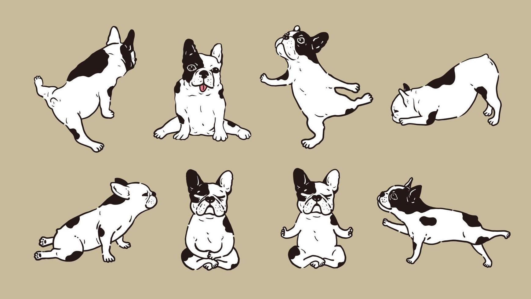söt fransk bulldog yogaställning namaste övning med 8 poser vektor