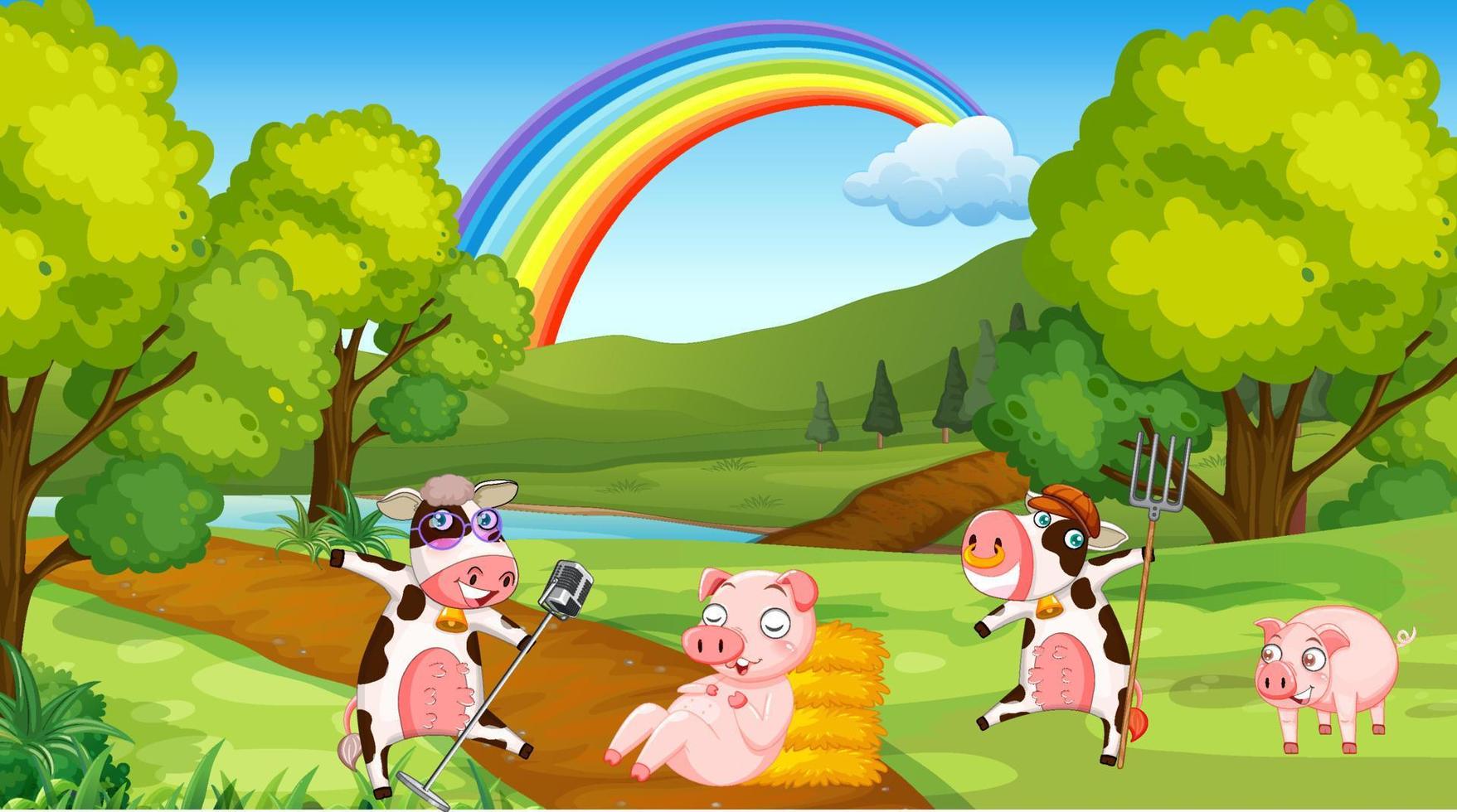 Szene mit glücklichen Kühen auf dem Feld vektor