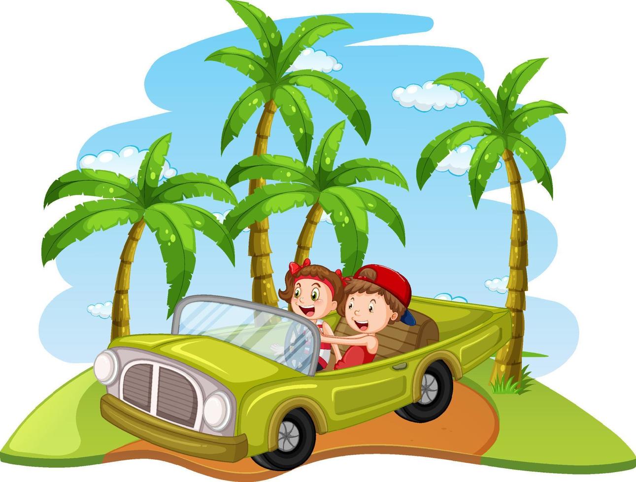 road trip koncept med barn som kör klassisk cabriolet bil vektor