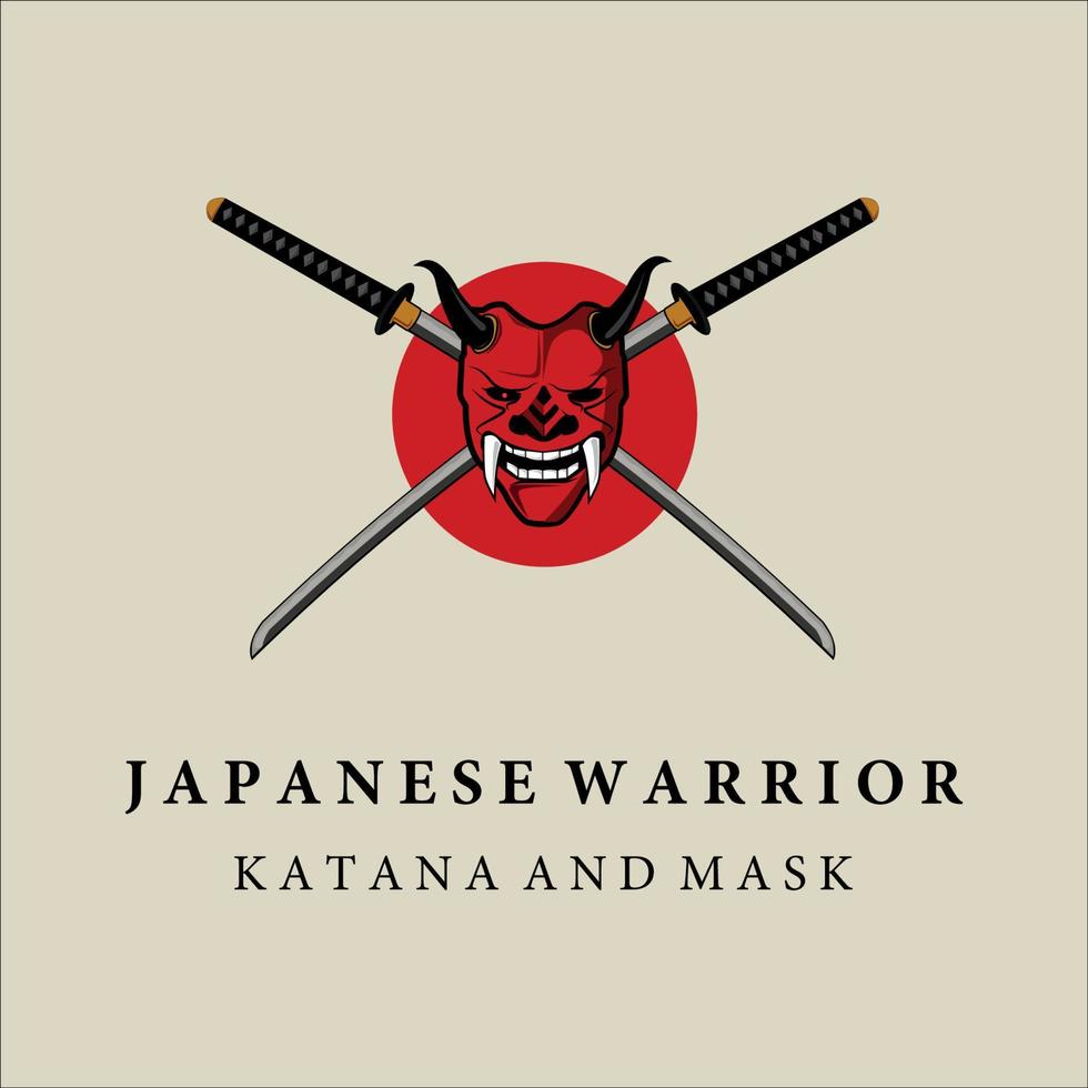 katana und maske samurai logo vektor vintage vorlage illustration design. japanische rüstungsmaske und katana-schwert für samurai-logo-konzeptschablonen-emblem-illustrationsdesign