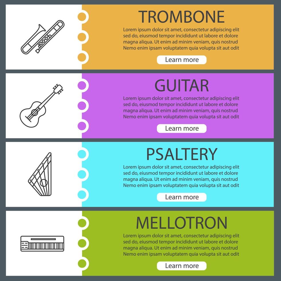Web-Banner-Vorlagen für Musikinstrumente festgelegt. Posaune, Gitarre, Psalter, Mellotron. Farbmenüelemente der Website mit linearen Symbolen. Vektor-Header-Design-Konzepte vektor