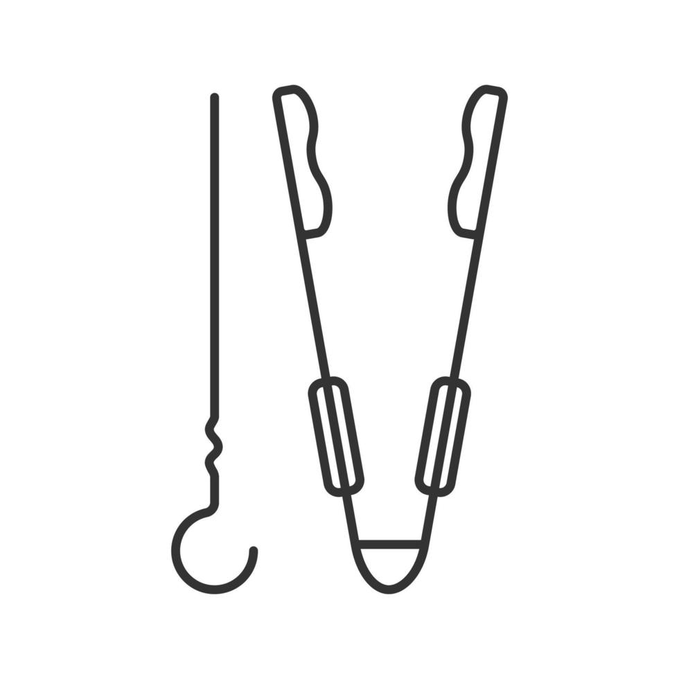 grill spett och tång linjär ikon. tunn linje illustration. grillredskap. kontur symbol. vektor isolerade ritning