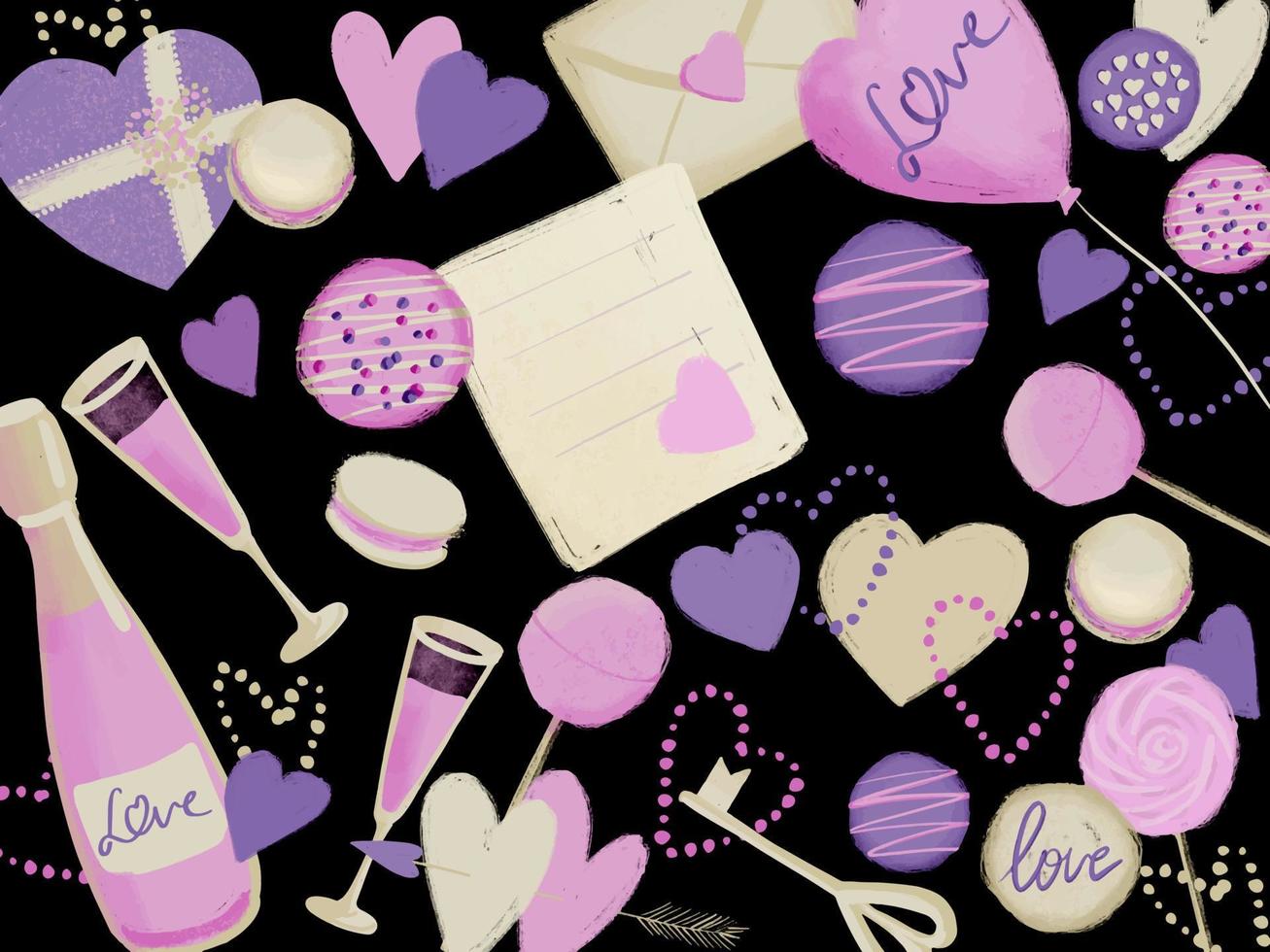 romantiskt kort med kärleksillustration i rosa och lila färg på en svart bakgrund vektor