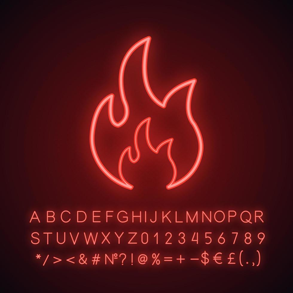 Symbol für Feuer-Neonlicht. Lagerfeuer. leuchtendes zeichen mit alphabet, zahlen und symbolen. vektor isolierte illustration