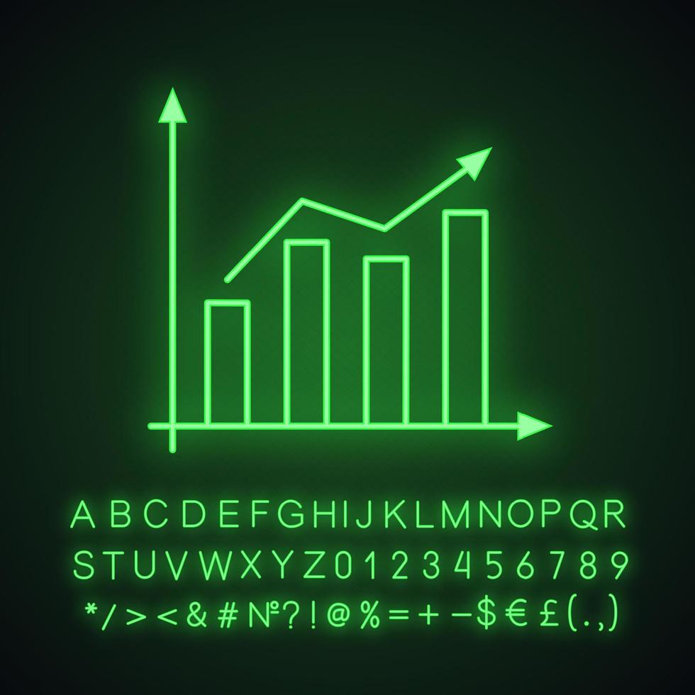 statistik neonljus ikon. marknadstillväxtdiagram. vinsten stiger. statistikdiagram. glödande tecken med alfabet, siffror och symboler. vektor isolerade illustration