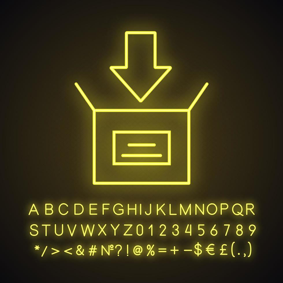 paketförpackning neonljusikon. öppen ruta med nedåtpil. laddar ner. glödande tecken med alfabet, siffror och symboler. vektor isolerade illustration