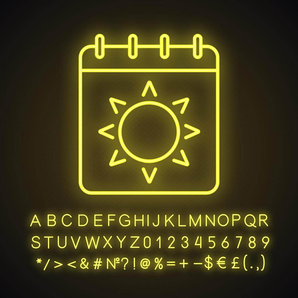 Symbol für Neonlicht in der Sommersaison. Kalenderblatt mit Sonne. leuchtendes zeichen mit alphabet, zahlen und symbolen. vektor isolierte illustration