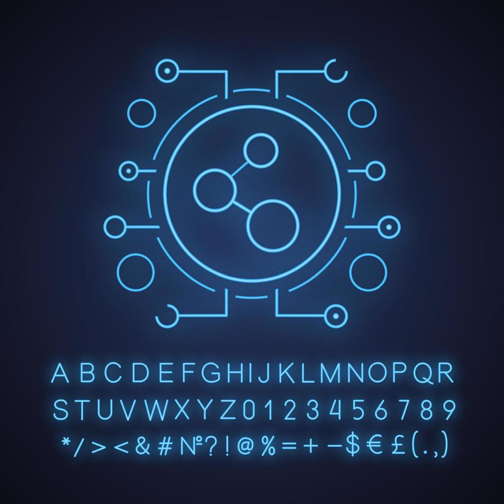 Symbol für Neonlicht der Netzwerkverbindung. Cyber-Technologie-Konzept. leuchtendes zeichen mit alphabet, zahlen und symbolen. vektor isolierte illustration