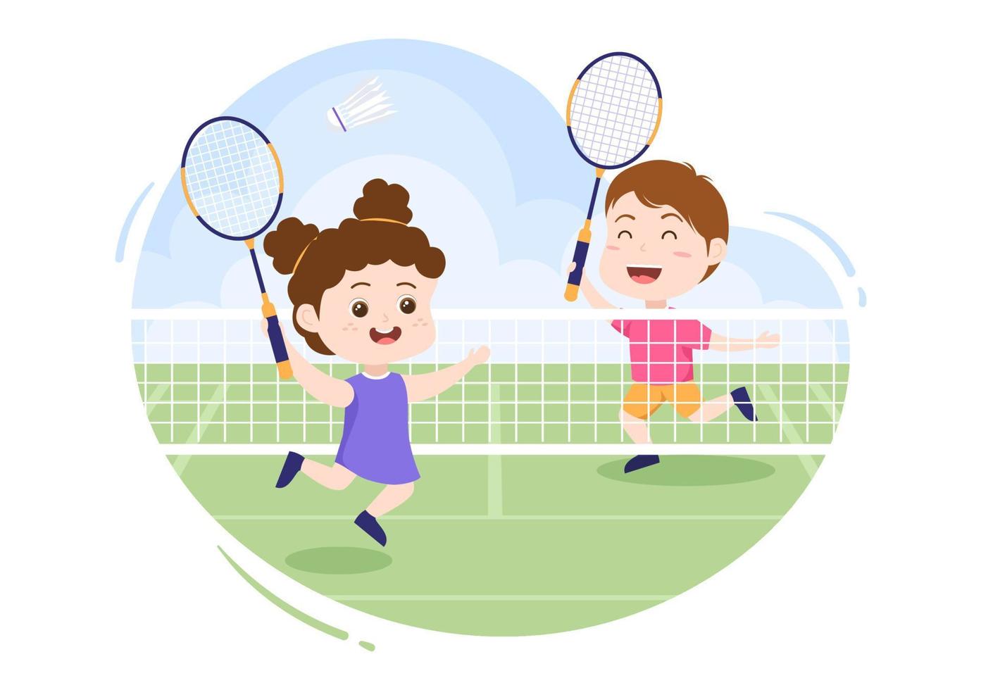 Badmintonspieler mit Shuttle auf dem Platz in flacher Cartoon-Illustration. fröhliches Sportspiel und Freizeitdesign vektor