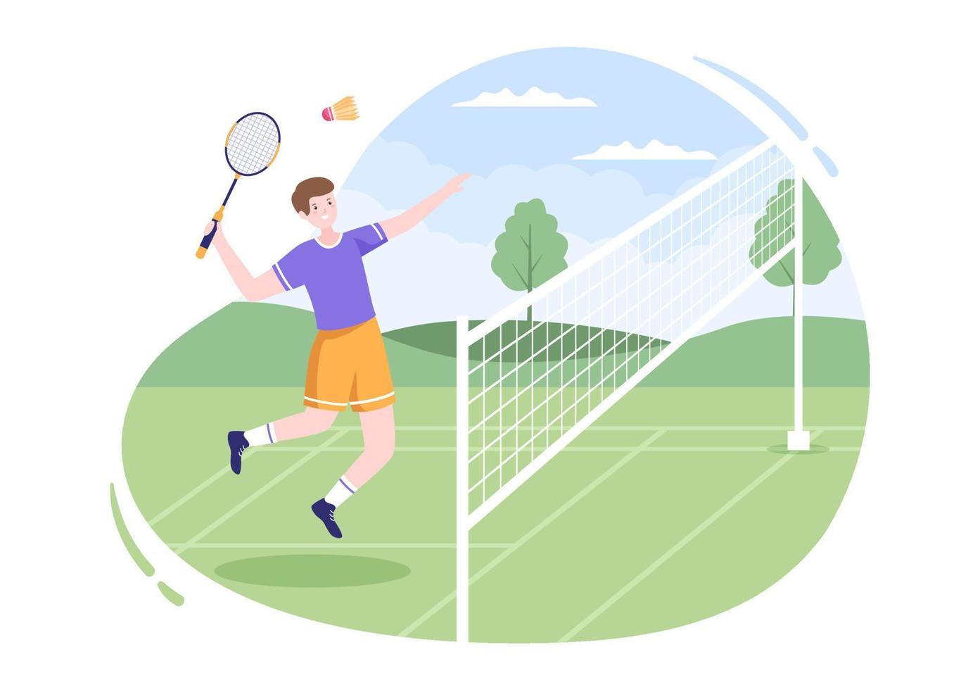 badmintonspelare med skyttel på banan i platt stil tecknad illustration. spelar gärna sportspel och fritidsdesign vektor