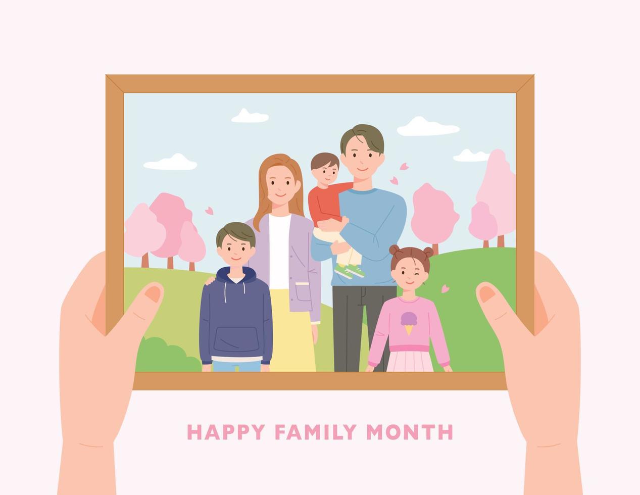 glückliches Familienfoto. eine Hand, die einen Bilderrahmen hält. vektor