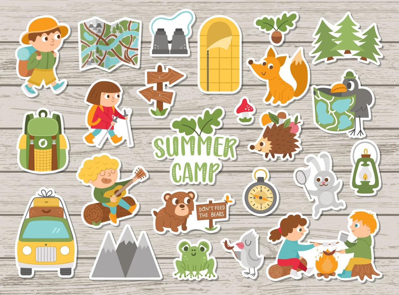 vektor sommarläger klistermärken set. camping, vandring, fiskeutrustning patchar samling med söta barn och skogsdjur på trä bakgrund. utomhus naturturism patchar pack