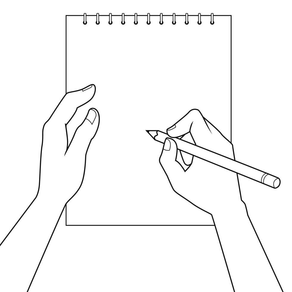 tomt anteckningsblock och hand med penna kontur ritning vektor