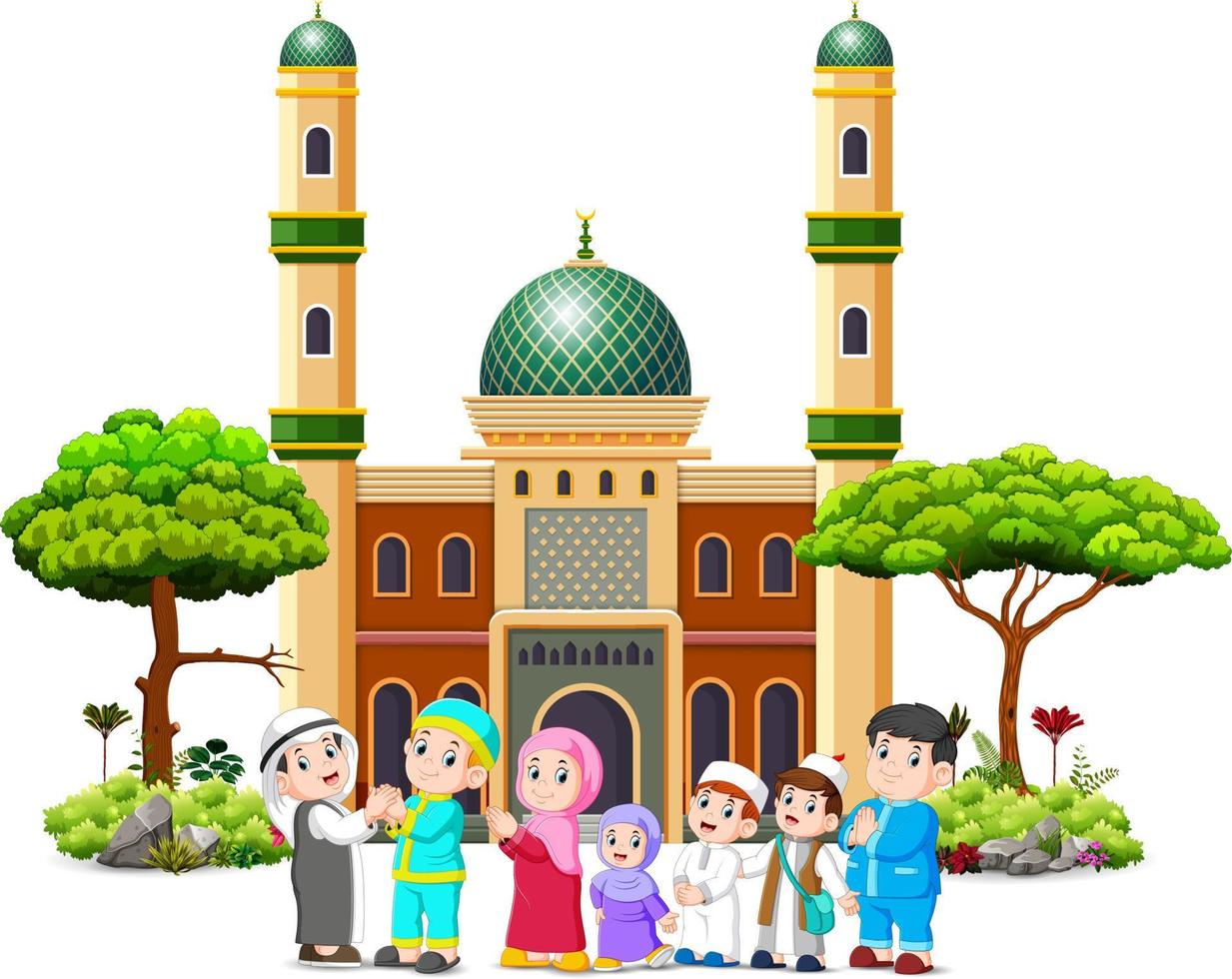 Eine Familie entschuldigt sich beim Geistlichen vor der Moschee vektor