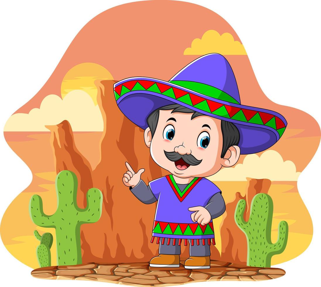 mexikansk man använder den blå sombreron som står under den orangea himlen vektor