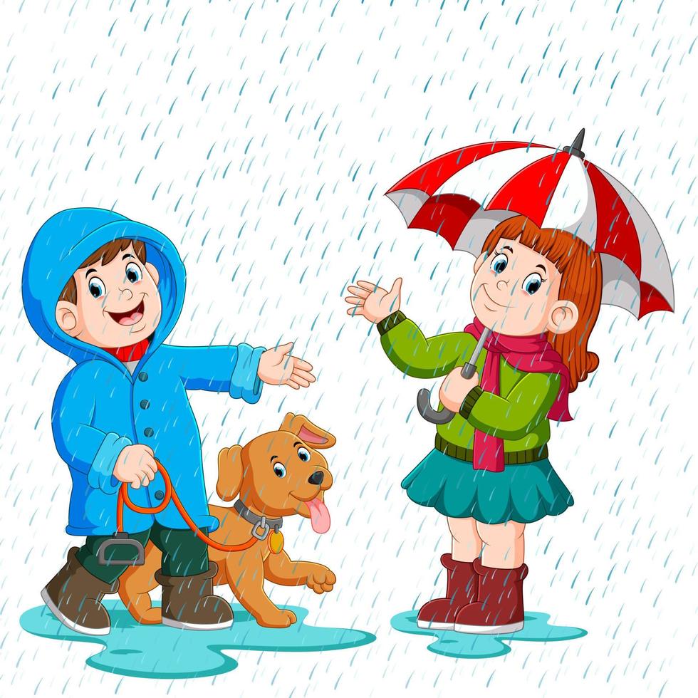 Ein Paar unter einem Regenschirm, das im Regen spazieren geht vektor