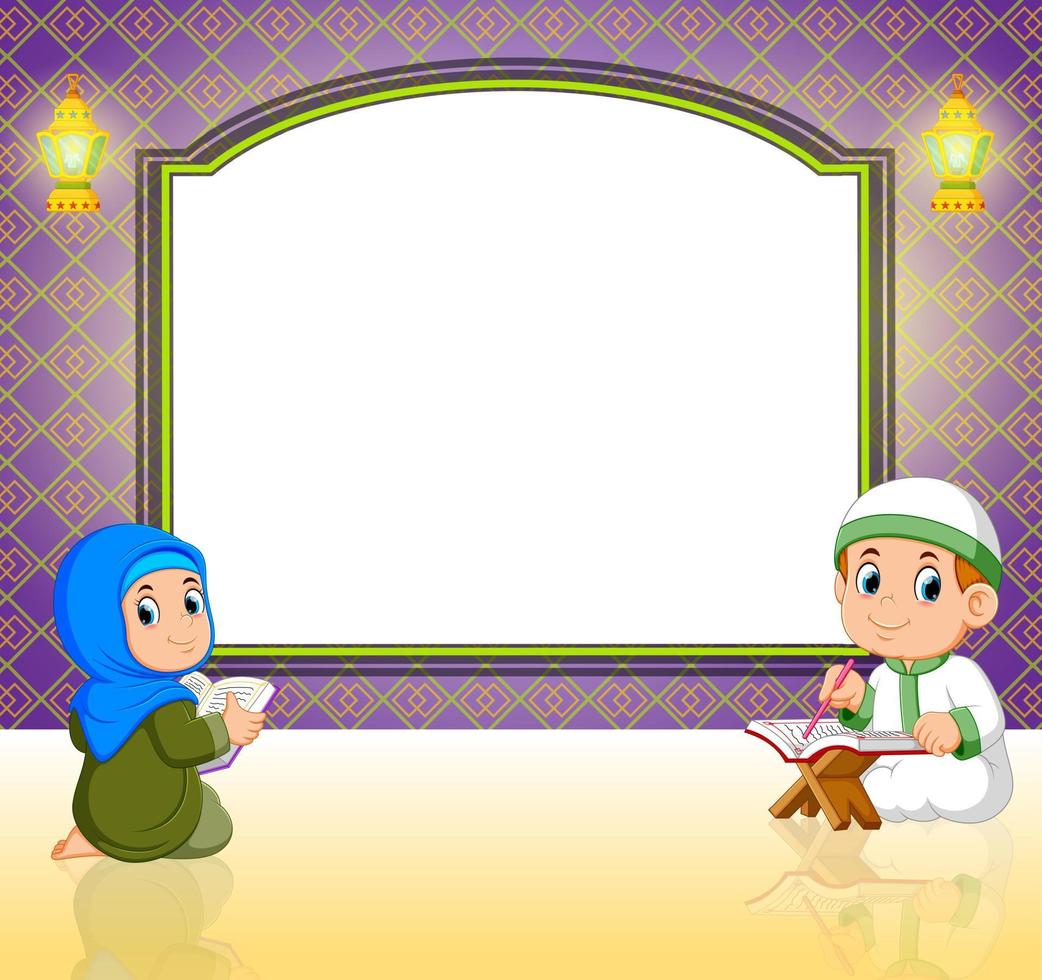 zwei kinder lesen al quran vor dem leeren banner vektor