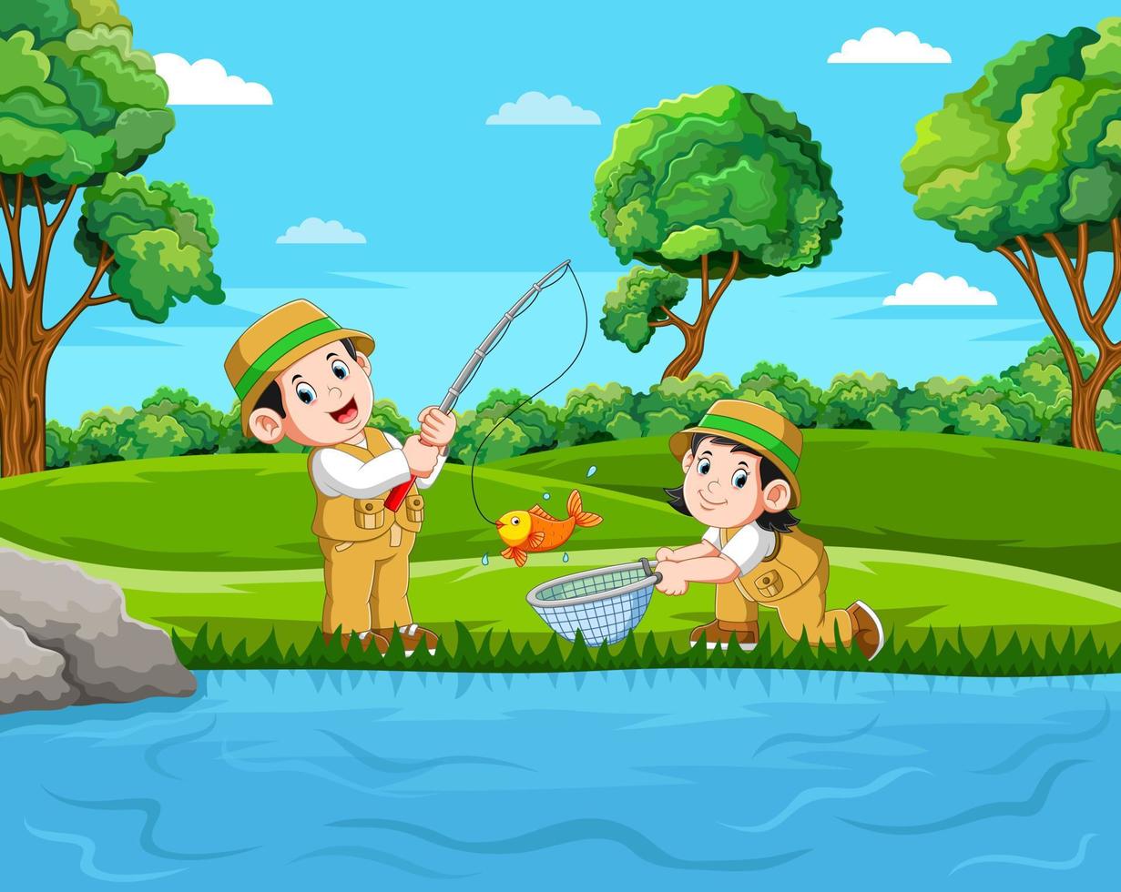 två fiskare fiskar fisken i dammen vektor