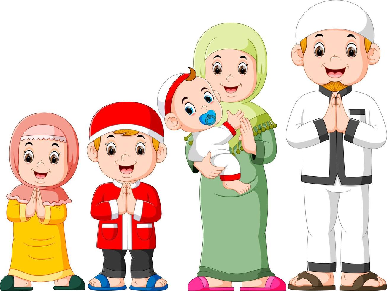 en lycklig familj firar ied mubarak med sina tre barn vektor