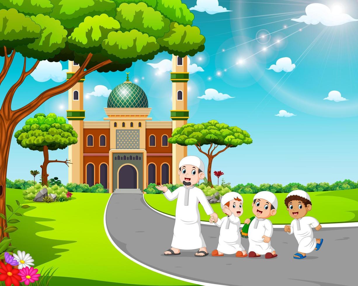 Die Kinder gehen mit ihrem Vater zur Moschee vektor