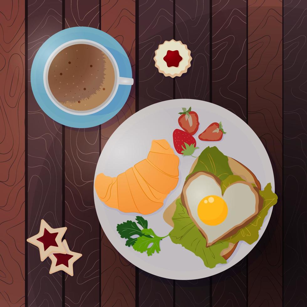 frukost med äggröra, croissant och kaffe. frukost. frukost på ett träbord. toppvy. vektor illustration