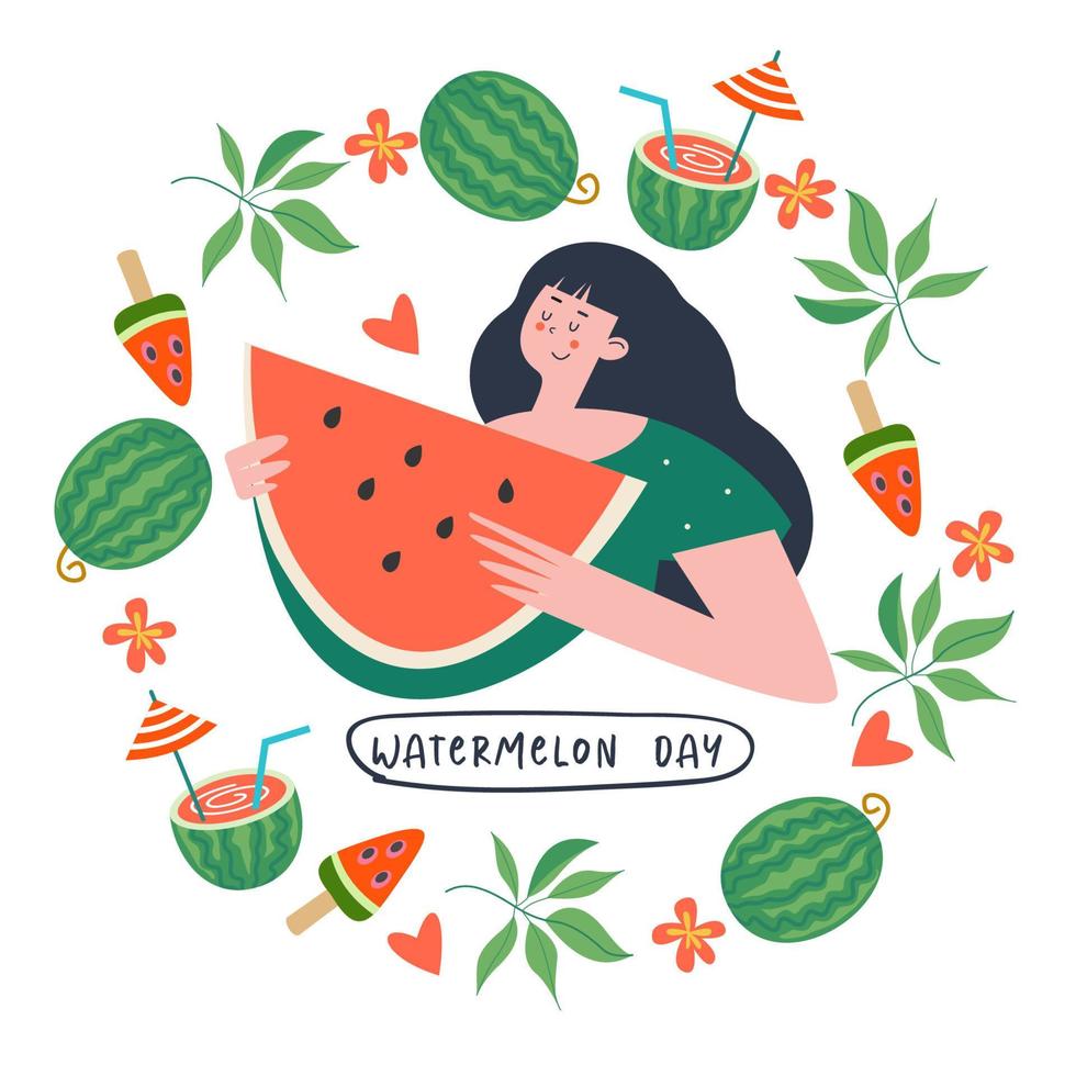 Tag der Wassermelone. festliche lustige Vektor-Cliparts. vorlage für eine postkarte, ein poster, eine einladung. vektor