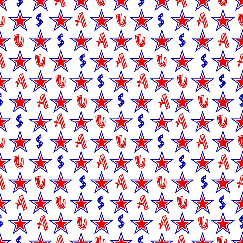 patriotuc nahtloses muster mit den sternen rot, blau, weiße farben der amerikanischen flaggen und buchstaben usa. konzept des unabhängigkeitstags. Vektor-Hintergrund. Geschenkpapier, Tapeten, Stofftextilien, digitales Papier. vektor
