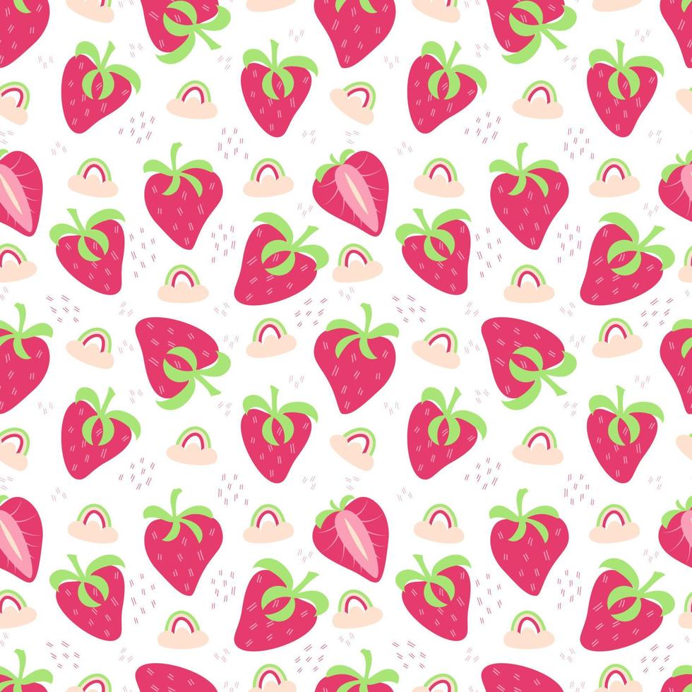 sommernahtloses muster mit erdbeeren, regenbogen und wolken. Vektor-Hintergrund. bunte Kulisse. als Geschenkpapier, Textilstoff, Tapete, Cover, digitales Papier für Scrapbooking vektor