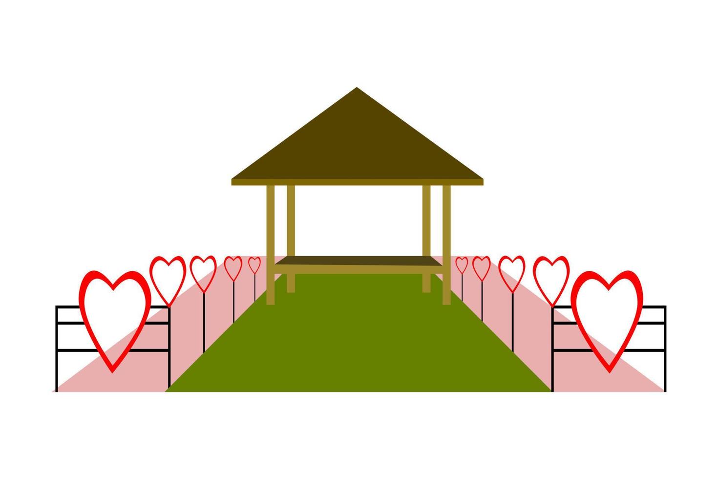 hölzerner pavillongarten mit valentinstagkonzepthintergrund. hölzerner pavillongarten mit herzikone auf rosa. vektor