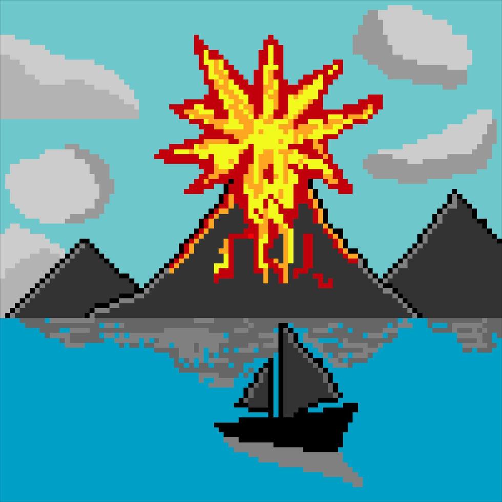 pixelkonstbakgrund med vulkanberg, moln, hav och båt vektor