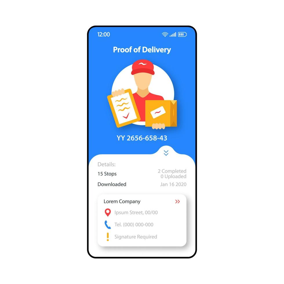 leveransbevis smartphone gränssnitt vektor mall. mobilappsida blå och vit designlayout. budtjänstskärm. platt UI för applikation. pakettransport. telefonens display