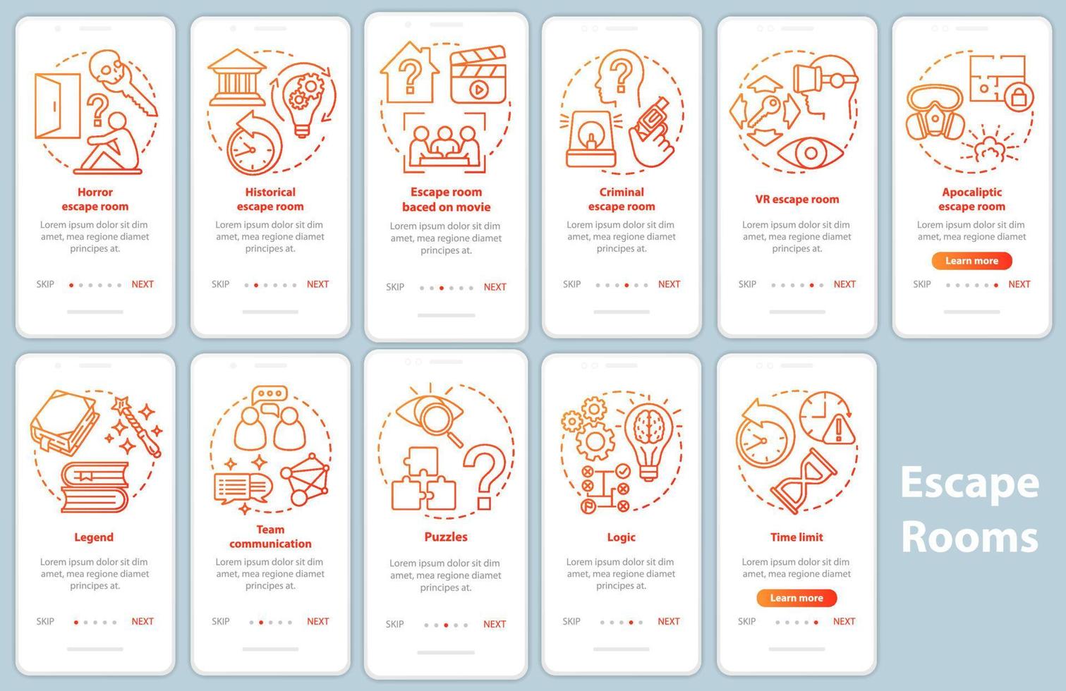 Escape Room-Onboarding-Bildschirm für mobile App-Seiten mit linearen Konzepten. Quest-Spiel-Klassifizierung. Walkthrough-Anweisungen für die Grafik mit rotem Farbverlauf. ux-, ui-, gui-Vektorvorlagen-Illustrationspaket vektor