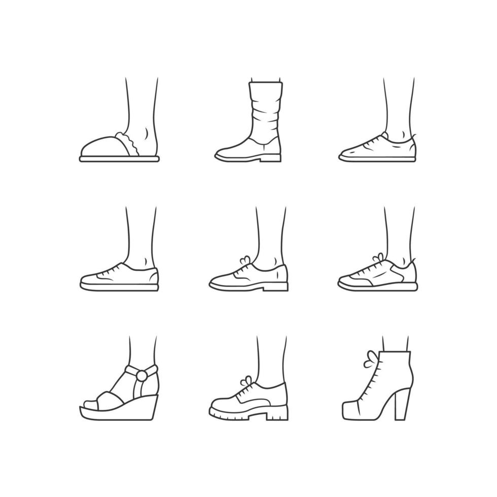 kvinnor och män skor linjära ikoner set. kvinnliga sommar och höst eleganta skor. wedges, loafers och träningsskor. redigerbar linje. tunn linje kontur symboler. isolerade vektor kontur illustrationer